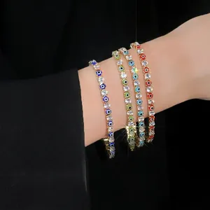 Exquisite Copper Gold Plated Evil Eye Splicing Bracelet For Women Luxury Geometric Square Zirconia Inlaid Tennis Chain Jewelry Gift