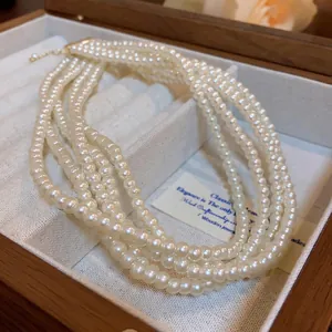 French Vintage Luxury Multi-Layer Artificial Pearl Choker Necklace For Women Elegant Wedding Banquet Jewelry With Adjustable Chain