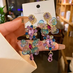Orecchini a Goccia Asimmetrici in Stile Palazzo Vintage Con Fiori in Strass e Perno in Argento Sterling 925 per Gioielli da Donna