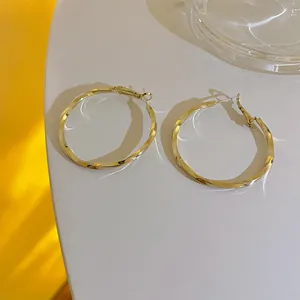 Close-up of elegant gold twisted hoop earrings with a shiny metallic finish.