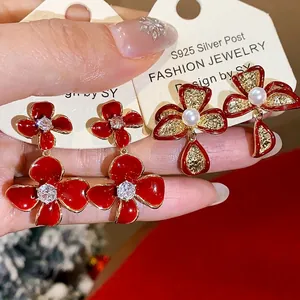 18K Gold Plated Copper Red Flower Stud Earrings With Silver Earring Post Zirconia Artificial Pearl Fashion Jewelry For Women