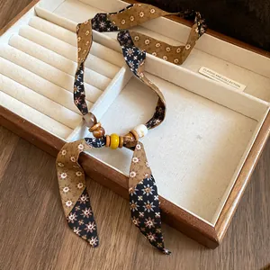 Handmade vintage ethnic style chiffon fabric necklace with wooden and ceramic beads