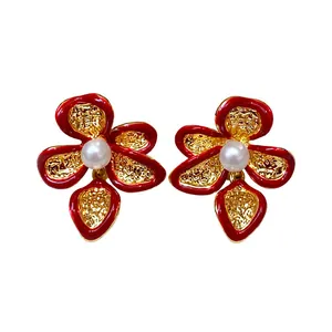 Elegant 18k gold plated red flower stud earrings with pearl and silver needles