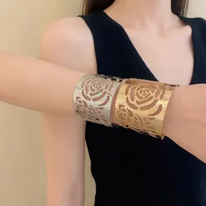 Elegant hollow rose pattern metal cuff bracelet in gold and silver finish