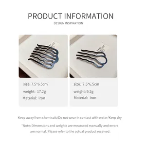 Detail of minimalist U-shaped hair comb and hairpin with size and weight info.