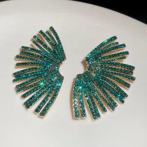 Elegant emerald green zircon fan-shaped earrings in luxurious gold finish for women
