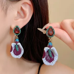 Vintage 3D Relief Violet Flower Drop Earrings For Women Gold Plated Gradient Enamel Rhinestone Statement Artistic Jewelry
