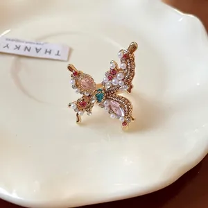 French Style Butterfly Ring For Women Elegant Alloy Rhinestone Inlaid Artificial Pearl Gold Adjustable Fashion Finger Jewelry