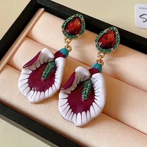 Vintage gradient violet drop earrings with embossed floral design and red crystals