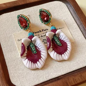 Elegant vintage gradient violet floral relief drop earrings with colorful faux crystals