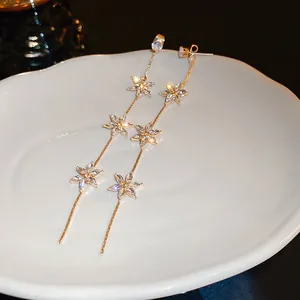 Elegant long floral tassel earrings with marquise crystals and gold chain detail