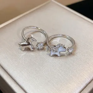 Minimalist silver horse and unicorn open rings with sparkling zircon stones for women