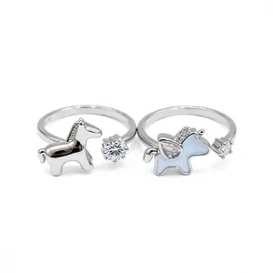 Dainty silver unicorn and horse adjustable open rings with sparkling zircon stones