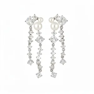 Elegant Korean style silver drop earrings with premium pearls and shiny cubic zirconia stones