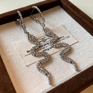 Luxury S925 silver needle rhinestone snake-shaped long drop earrings in display box