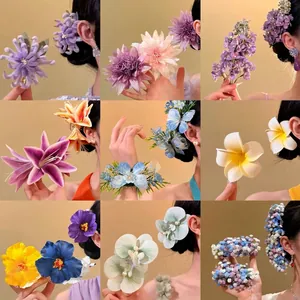 Sweet Fabric Simulation Flower Hair Clip Handmade Artificial Pearl Tassel Resort Style Duckbill Claw Clips For Women
