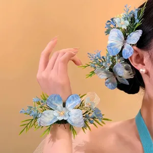 Sweet blue fabric flower hair clip and wrist corsage set for holiday