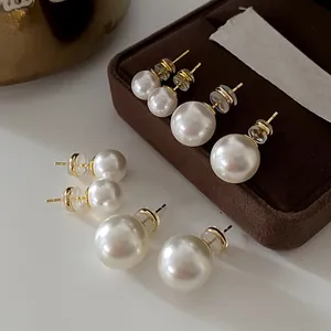 Fashion Round Artificial Pearl Stud Earrings For Women 925 Sterling Silver Earring Post Gold Plated Elegant Jewelry