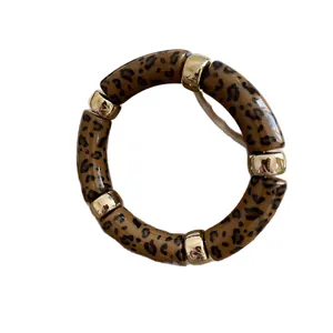 Retro acrylic leopard print round bracelet with gold metallic spacers for women