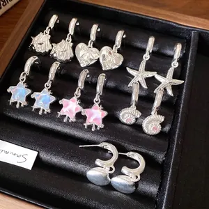 Dolci Orecchini a Bottone a Forma di C con Stella Cuore Conchiglia Con Perno in Argento Resina Strass Intarsiato Gioielli di Moda Donna