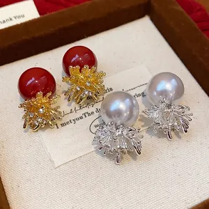 Elegant firework pearl stud earrings in red-gold and silver-white sets for women