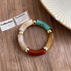 Detail of retro acrylic bracelet with multi-colored marble segments and gold spacers.