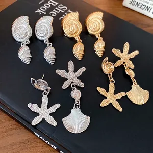 Pendientes Colgantes Asimétricos Europeos de Estrella de Mar y Caracola Con Poste de Plata Joyería de Aleación Tema Océano para Mujer