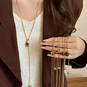 Retro Copper Resin Tiger Eye Pendant Necklace For Women Adjustable Long Maillard Style Sweater Chain Jewelry Gift