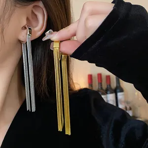 Minimalist metallic long chain tassel ear cuff earrings for non-pierced ears in gold and silver