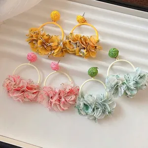 Sweet Floral Fabric Petal Round Hoop Earrings Handmade Stainless Steel Post Beach Vacation Large Dangle Earrings For Women