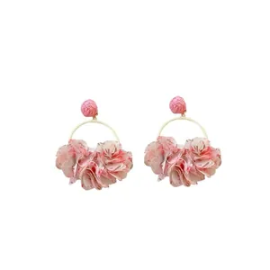 Sweet pink fabric petal hoop earrings for women, elegant floral design jewelry accessory