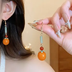 New Chinese Style Persimmon Drop Earrings Resin Stone Drip Oil Enamel Tassel Dangle Earrings For Women Niche Design Jewelry