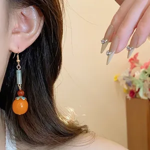 Elegant Chinese style resin persimmon tassel earrings with stone beads for women accessory