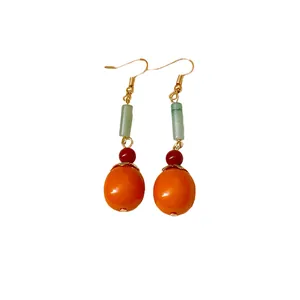 Handmade New Chinese style persimmon resin drop earrings with green stone beads on hooks