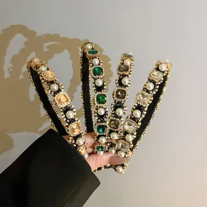 Elegant pearl and colorful gemstone headbands with ornate golden vintage style frames