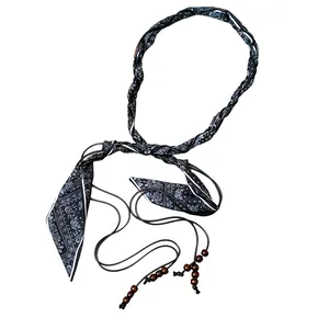 Elegant braided silk scarf belt with bohemian wooden beads for women, stylish waist chain