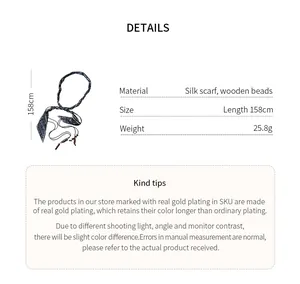 Detail view showing material and size specs for the silk scarf wooden bead belt.