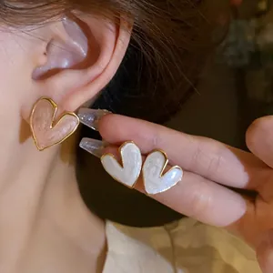Women 925 Sterling Silver Earring Post Heart Shaped Oil Dripping Stud Earrings Fashion Geometric Simple Sweet Artistic Style Jewelry