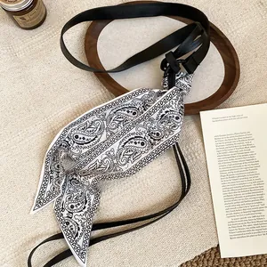 Detail of vintage ethnic style black belt with black and white paisley fabric scarf accessory