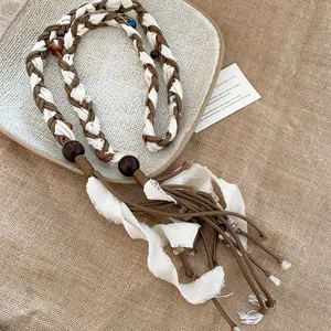 Boho ethnic woven belt with paisley fabric and decorative wooden beads for women