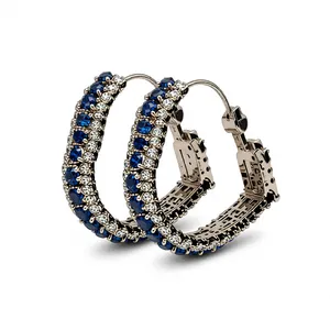 Exquisite geometric silver-tone hoop earrings set with dark blue and clear zircon crystals
