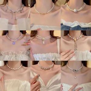 Fashion Alloy Artificial Pearl Necklace Korean Bowknot Rhinestone Double Layer Clavicle Chain Tassel Flower Pendant Necklace For Women Jewelry
