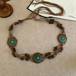 Bohemian ethnic style woven waist chain belt with wooden beads and turquoise accents