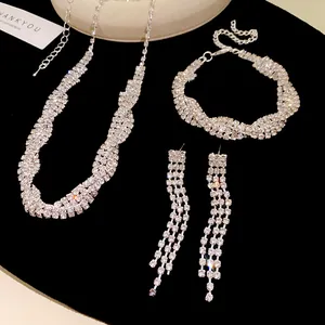 Exquisite Crisscross Rhinestone Necklace Bracelet And Stud Earrings Silver Plated Alloy Light Luxury Jewelry For Women Party Wear With 925 Sterling Silver Earring Post