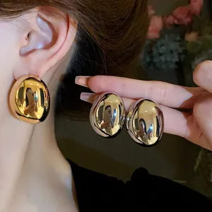Pendientes de Botón Ovalados Irregulares Minimalistas Con Poste de Plata de Ley 925 Chapado en Oro Real Estilo Metálico Joyería de Mujer