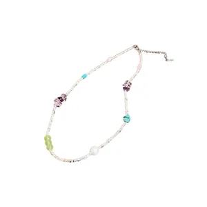 Colorful handmade beaded necklace with natural stones and white pearls