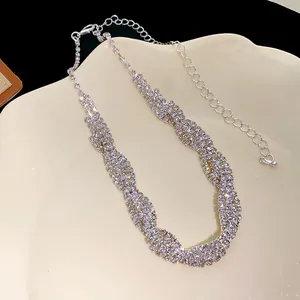 Exquisite multi-row rhinestone choker necklace with adjustable silver-tone chain