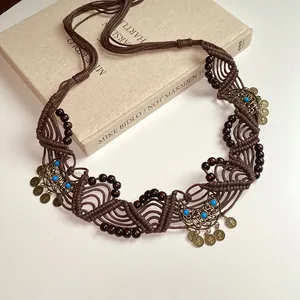 Vintage bohemian ethnic style woven waist belt with wooden beads and bronze moon charms