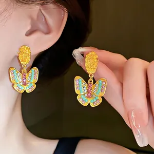 Vintage Gold Alloy Butterfly Stud Earrings With 925 Sterling Silver Post Multi-Color Rhinestone Pleated Jewelry For Women