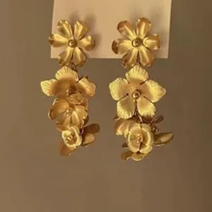 Elegant gold matte flower tassel earrings with vintage wrinkled petals design